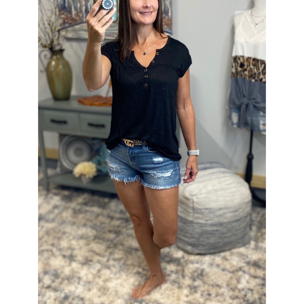 Melange Burnout Henley V-neck Floaty Short Cuffed Tabbed Sleeve Black 3221 - Picture 3 of 13